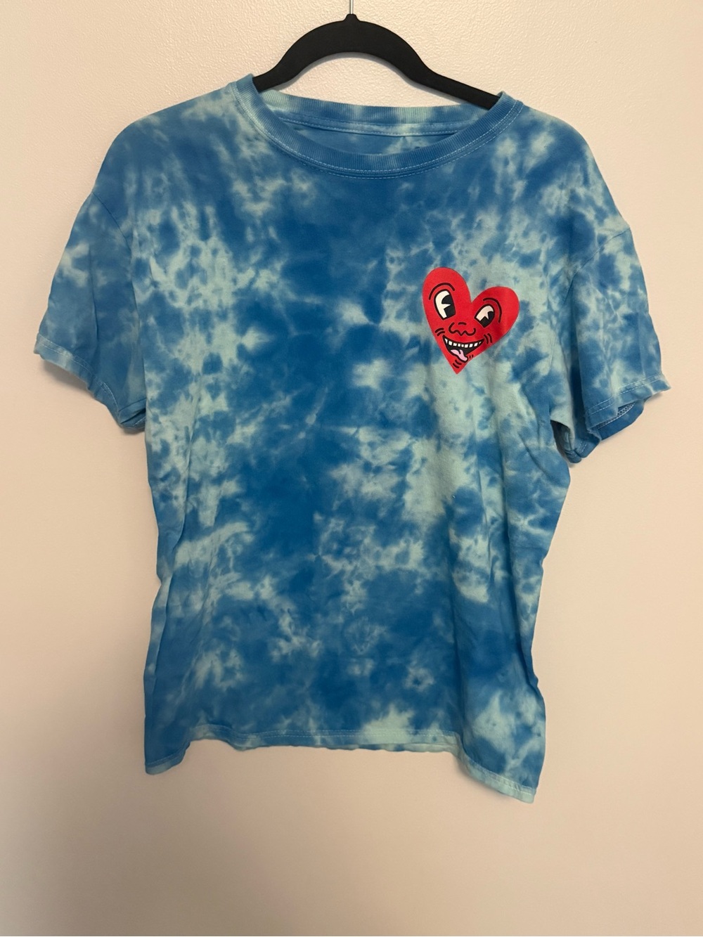 Blue Tie-Dye Short Sleeve Tee with Red Heart Graphic